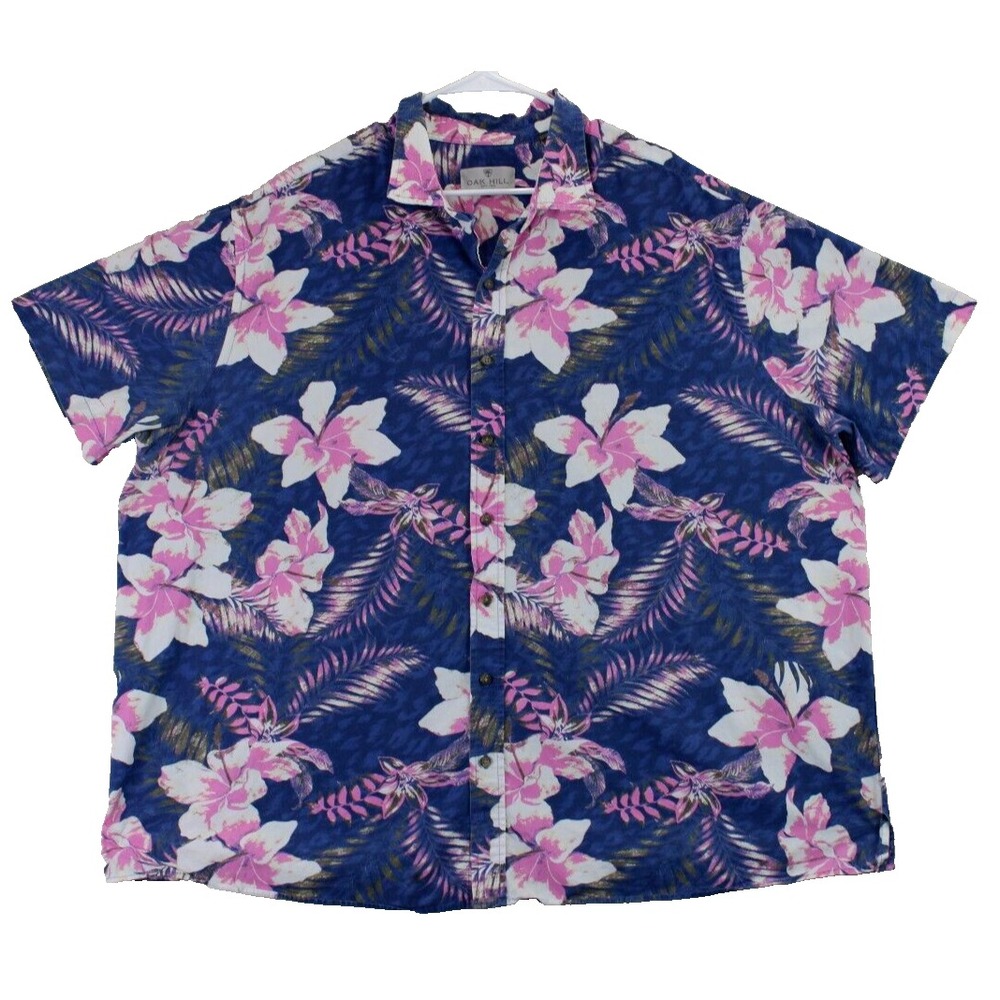 Oak Hill Mens 2XL Hawaiian Floral Aloha‎ Shirt Short Sleeve Blue Pink
